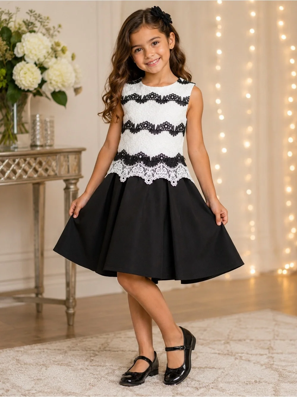 Beautees Black and White Lace Fit-and-Flare Girls Dress
